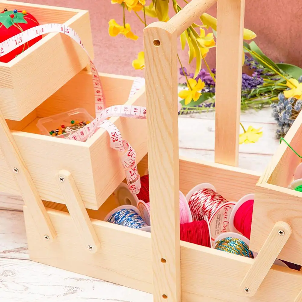 Wood Sewing Box 3 Tier Organizer