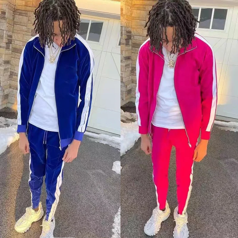 Private Label Sportswear Jogging Suit Side Stripe Plain Zipper Slim Fit Velvet Velour Tracksuit Men gallery 2