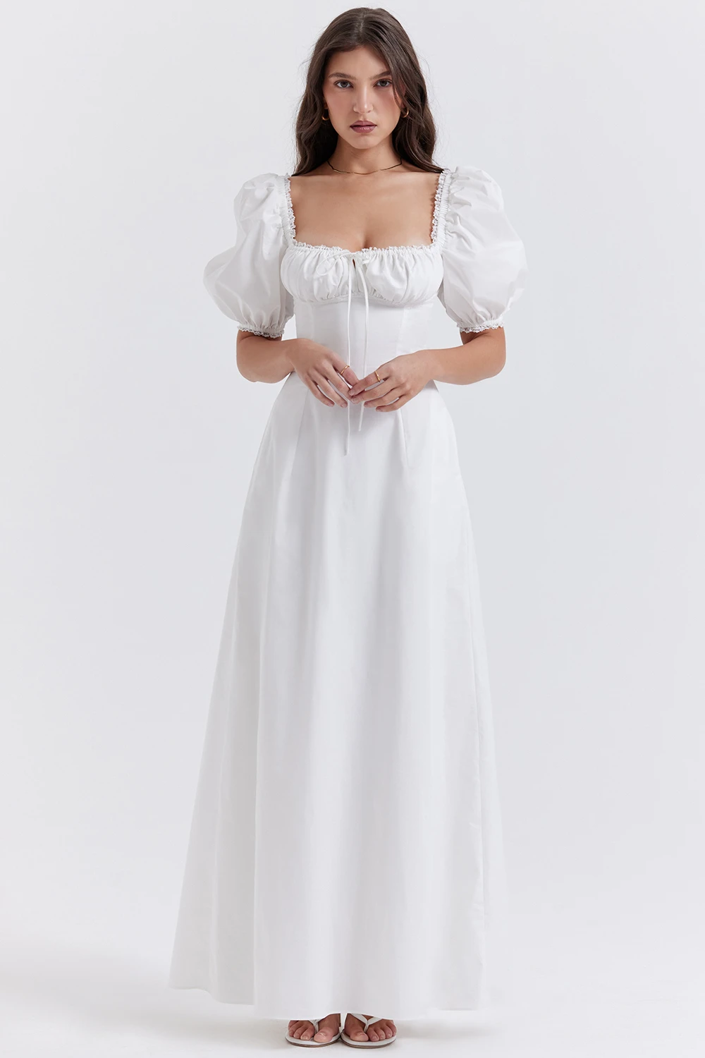 Custom Summer Women Backless Maxi Dresses Elegant White Bubble Sleeve Long Casual Dress