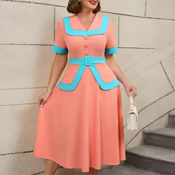 AM050254 US Local Stock V Neck Color Block Summer a Line Formal Plus Size Work Dresses