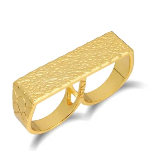 Custom Waterproof 14K Gold Plated Two Finger Adjustable Open Ring Stainless Steel Fashion Jewelry Twosome Ring for Women and Men