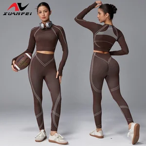 Professional Brown Style Long Sleeves Self-Cultivation Split Round Neck Design Women's Sports Fitness Clothing Yoga Wear Set