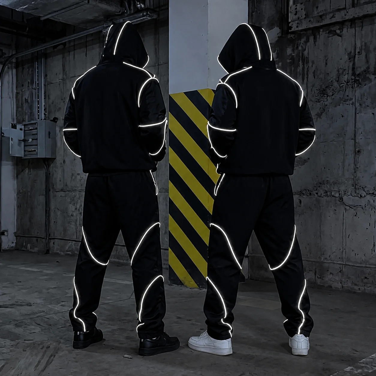 OEM Custom Mens Sweatsuit Set Reflective Piping Hooded Sweatshirt Loose Joggers Casual Y2K Urban Streetwear Men Tracksuit Set gallery 2