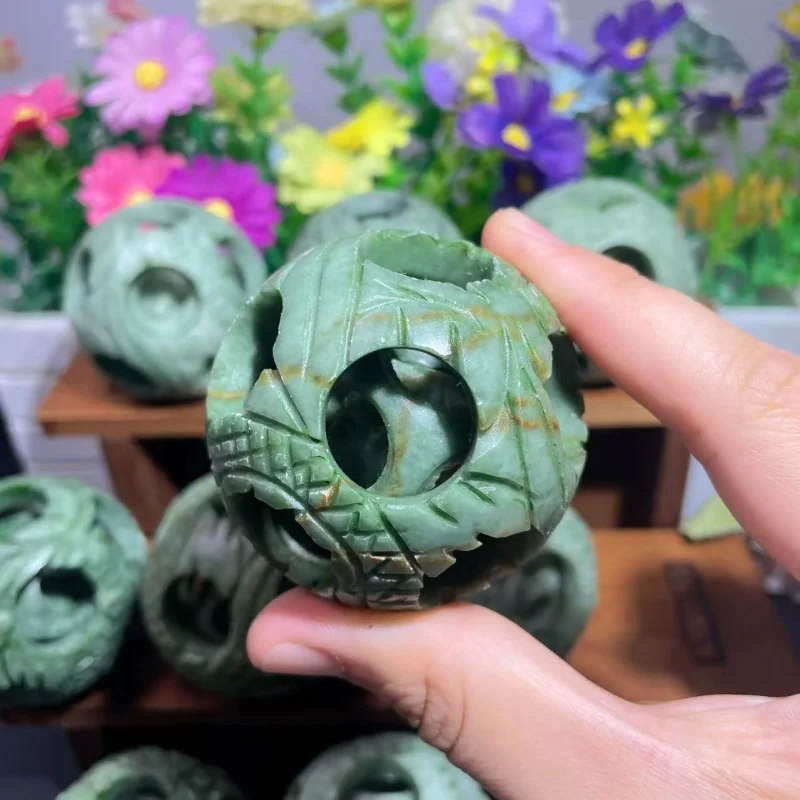 石製 球形置物 緑色 ストライプ模様 Wholesale Natural Stone Carved Balls Hollow-carved Mixed Green