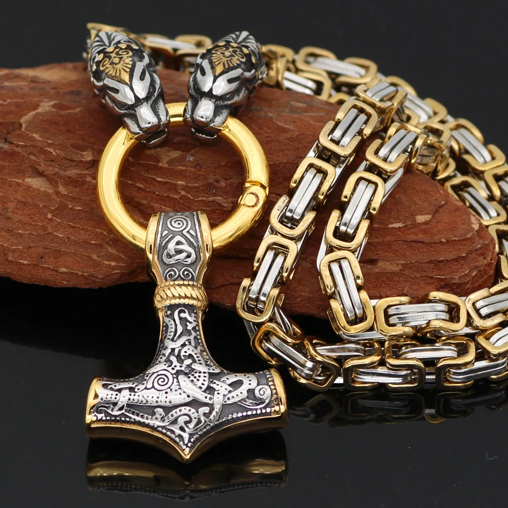 SBRTL Collana Uomo Martello Di Thor Mjölnir - Acciaio Inossidabile Con Teste Di Lupo, Catena Bizantina Oro 60cm