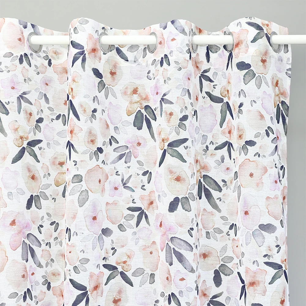Voile Printed Sheer Curtains European Abstract Style Blue and Green Leaves Print 2 Panels Pair for Home Window Decoration