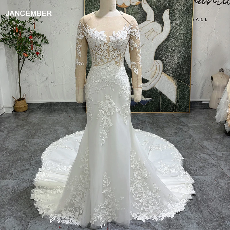 Sheer Long Sleeve Fit and Flare Lace Mermaid Wedding Dress Lssg111