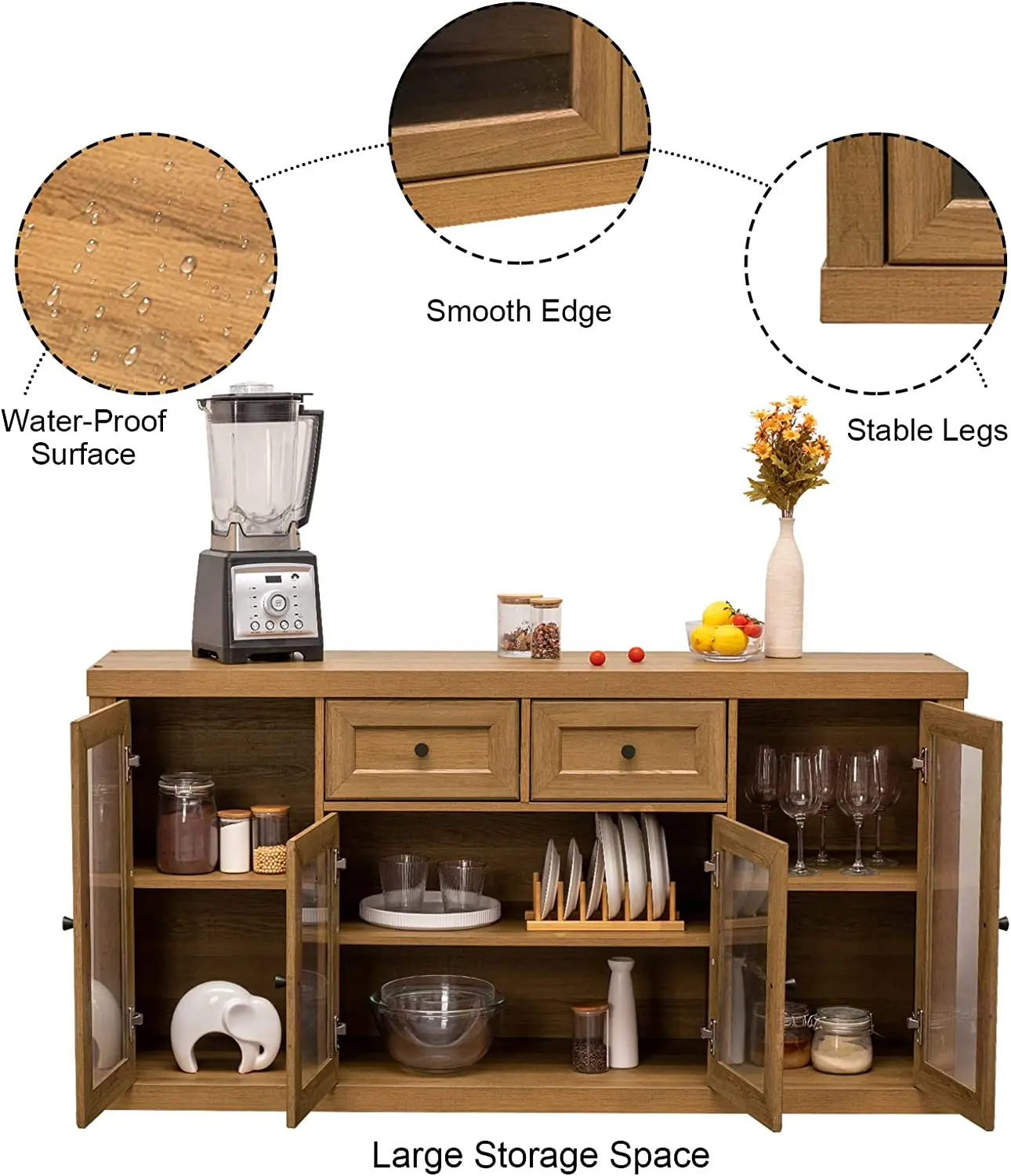 2022 Modern  Kitchen Sideboard  Buffet Storage Cabinet With Glass Doors in Brown