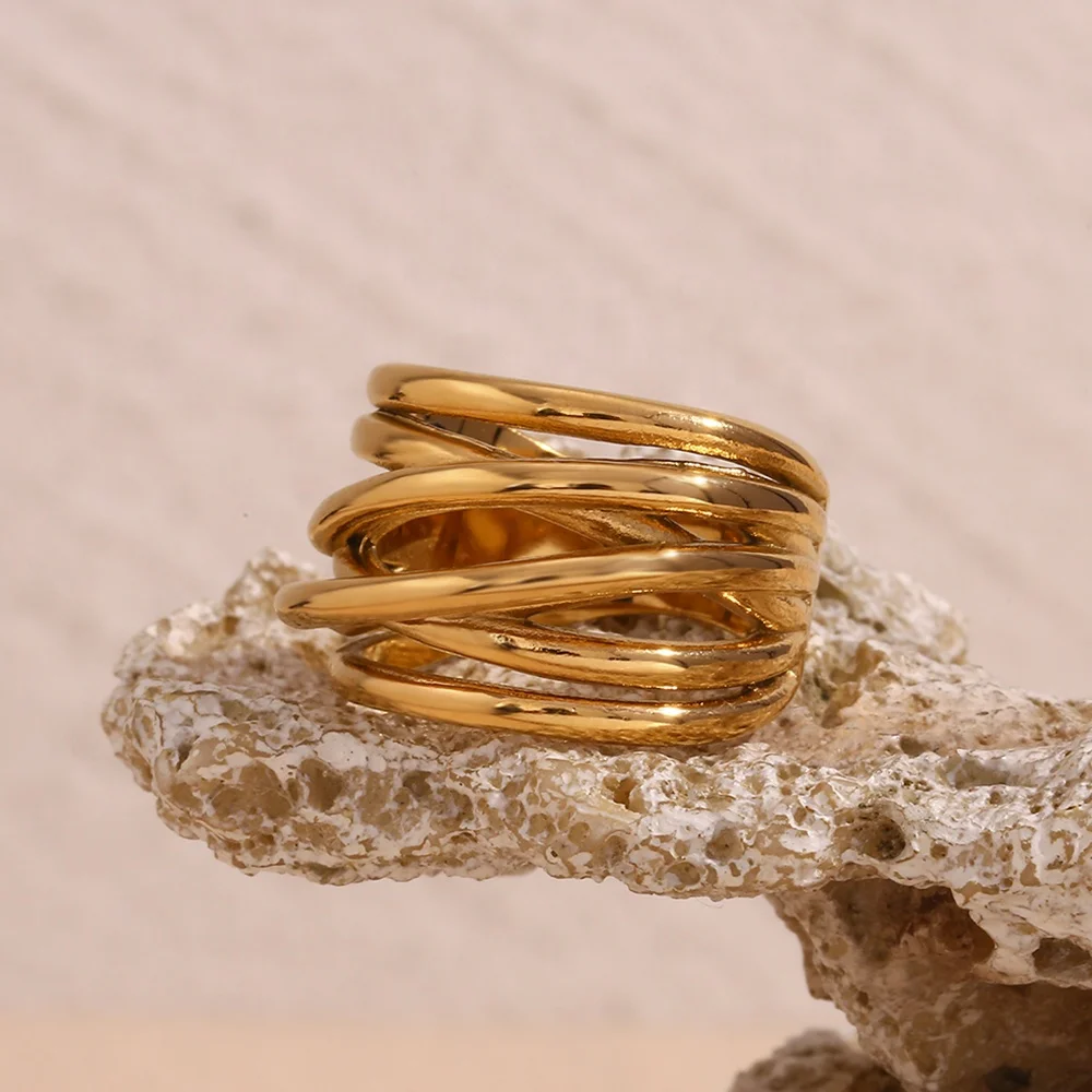 Summer 2024 Irregular Woven Signet Ring 18k Gold Plated Statement Jewelry Stainless Steel Titanium Jewelry