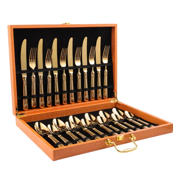 24 pieces stainless steel tableware gift box set with European gold plating