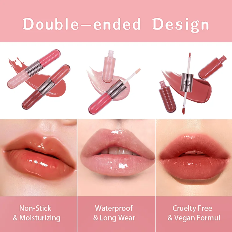 2 in 1 Double-end Lip Gloss Set Matte Velvet & Mirror Finish Liquid Lipstick Glossy Lip Glaze Plumping Fuller Lip Makeup Kit factory