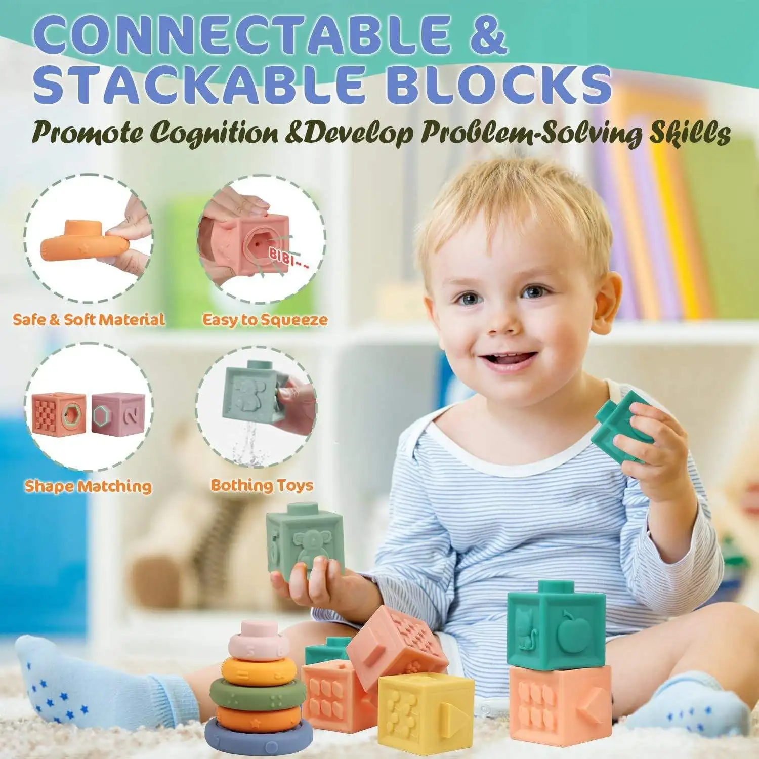 2025 Hot in Baby Toys Montessori 100% Safe Material Pull String  Activity Teething Helper Soft Stacking Block Ring Ball Set