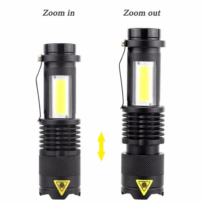 AA or 14500 Battery Powered Pocket Clip Mini Zoomable LED Flashlight with COB Flood Camping Light