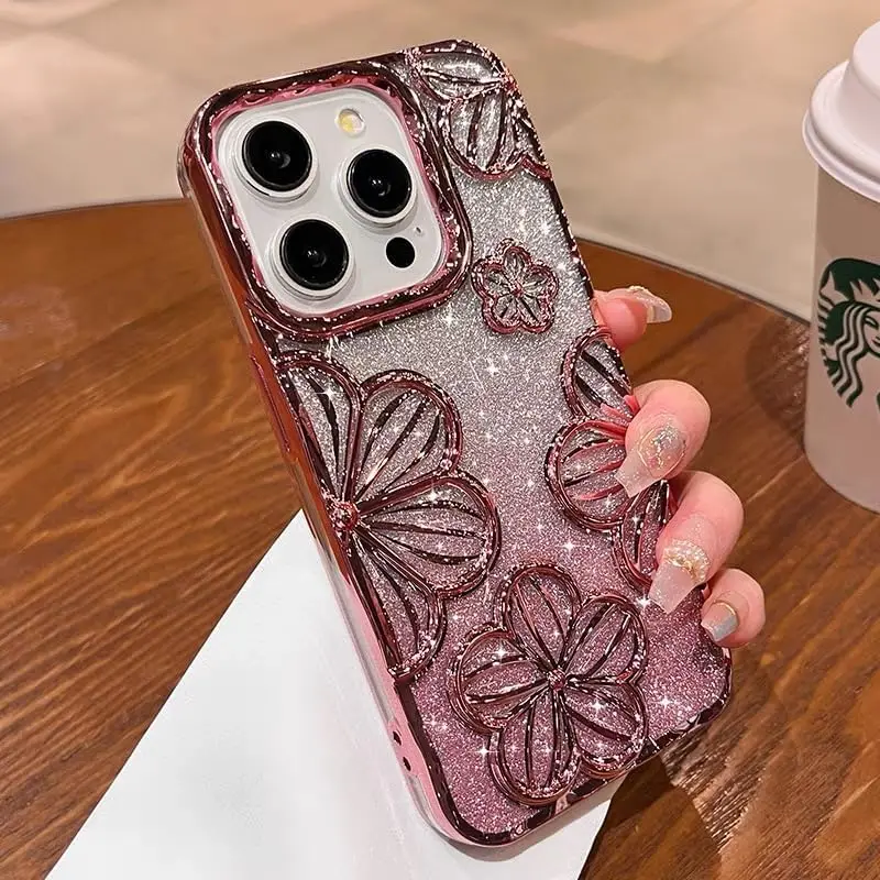 Case for iPhone 16 Pro Max Plating Case with Floral Pattern Cute Soft TPU Silicone Gradient Glitter Case Shockproof