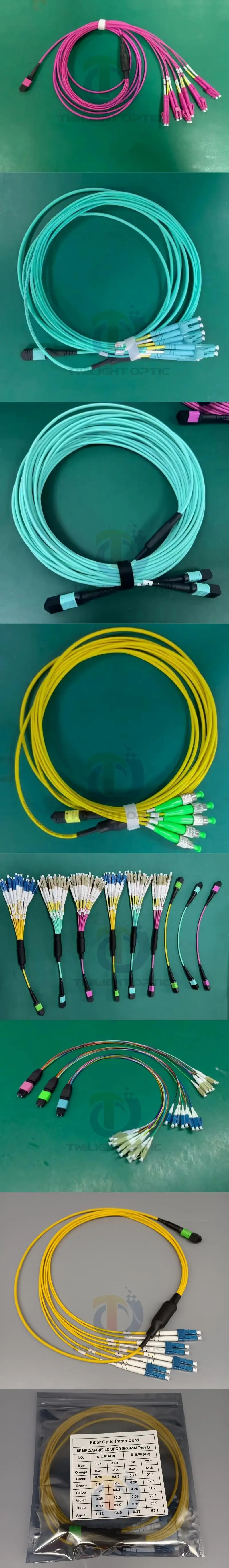 Customized 12-Fiber OM3 50/125 Jarretieres Optique Optical Jumper Cable MPO Fanout Kabel 50 125um OM4 MPO 12 LC Violett Aqua