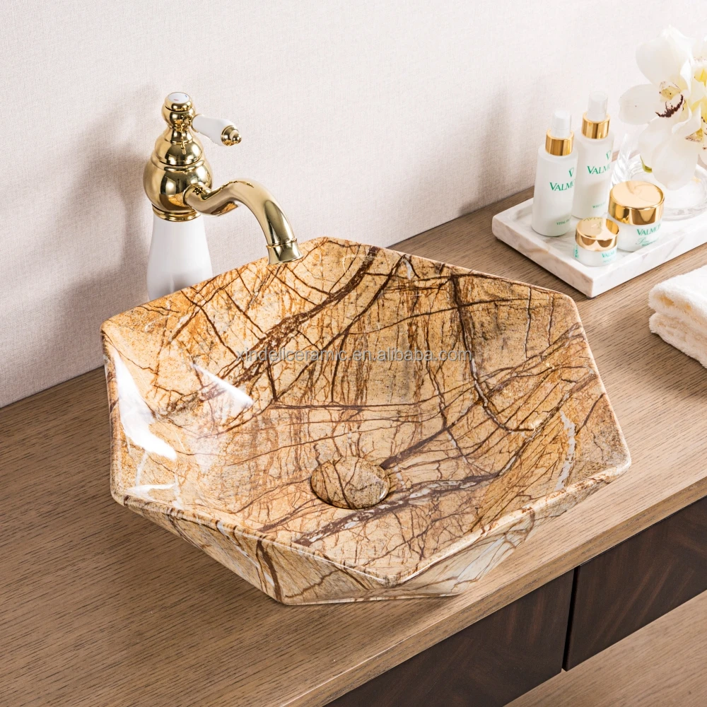 Hexagon Marble Ceramic Wash Basin Lavabo Bathroom Granite Colored Sinks