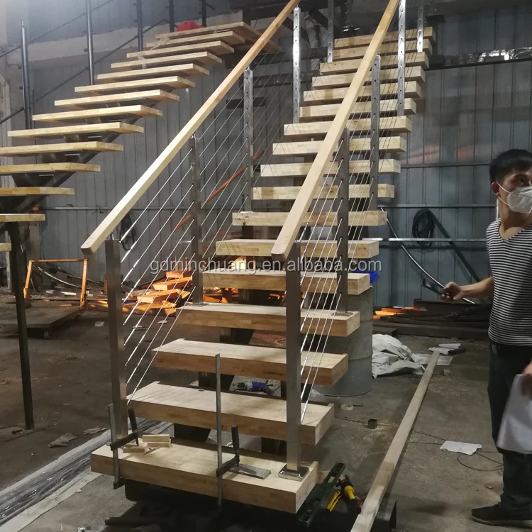 Decorative Double Stringer Straight Stairs with Cable Railing and Oak Treads