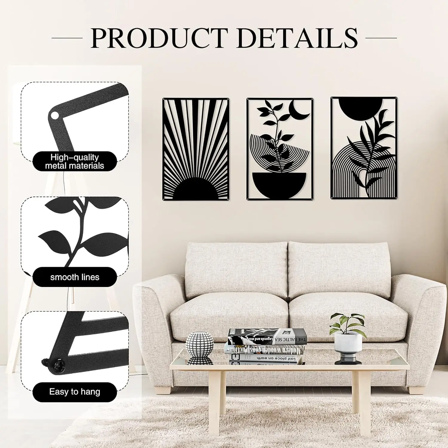 3d Black Metal Wall Art Nature Elegant Line Art Decor For Indoor And