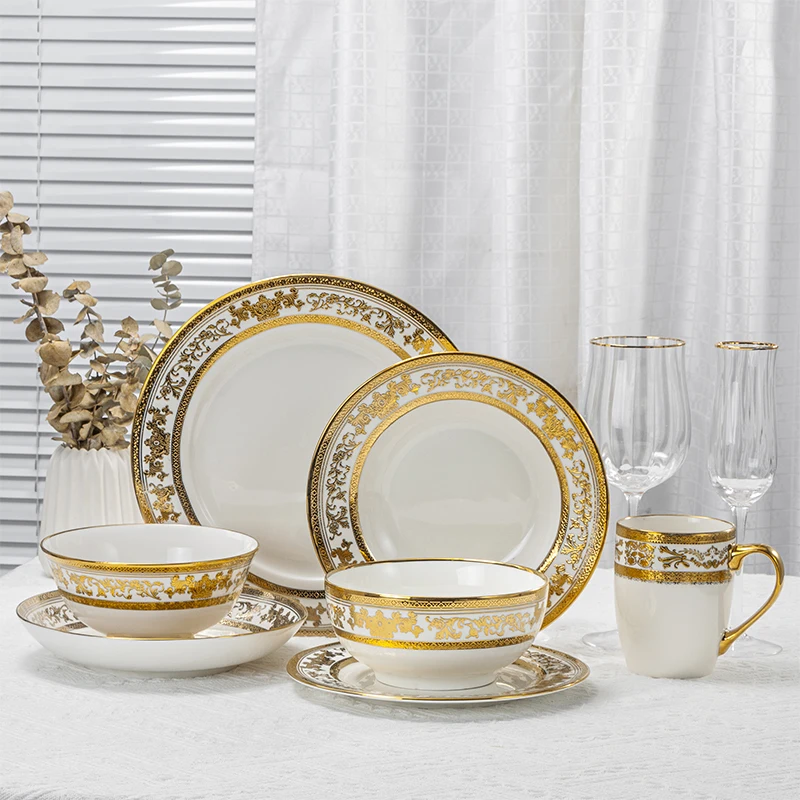 Luxury Wholesale Ceramic Tableware Plates 56pcs Set Bone China Gold Wedding  Dinnerware Dinner Dishes Plates Sets