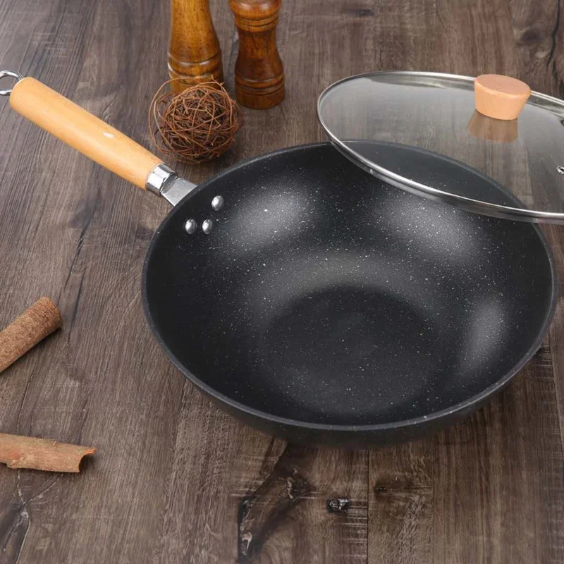 Ht Cookware Chinese Style Wok With Wooden Handle And Lid Nonstick