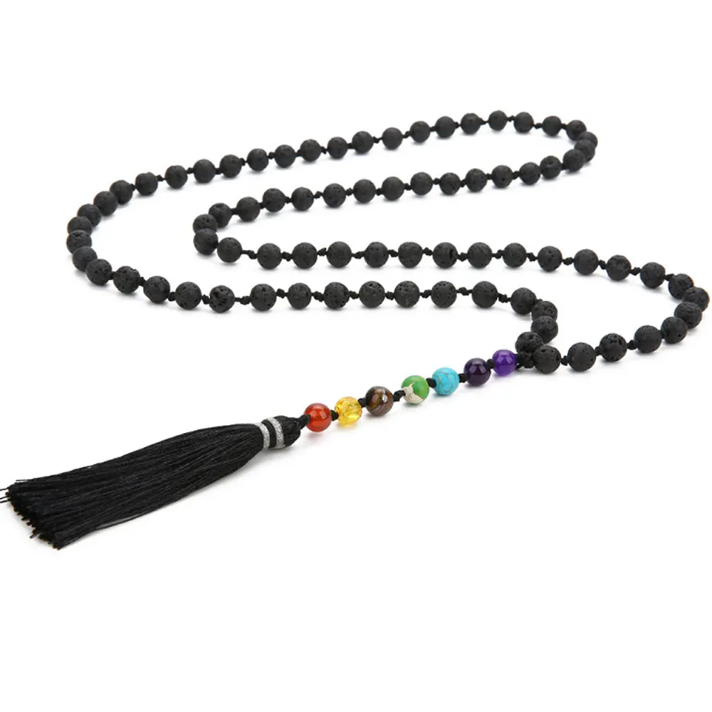 7 Chakra Onyx Necklace-Anti Anxiety 108 Mala Beads Necklace-Stress Relief 2024 Energy Protection Healing Meditation Grounding Tassel Necklace