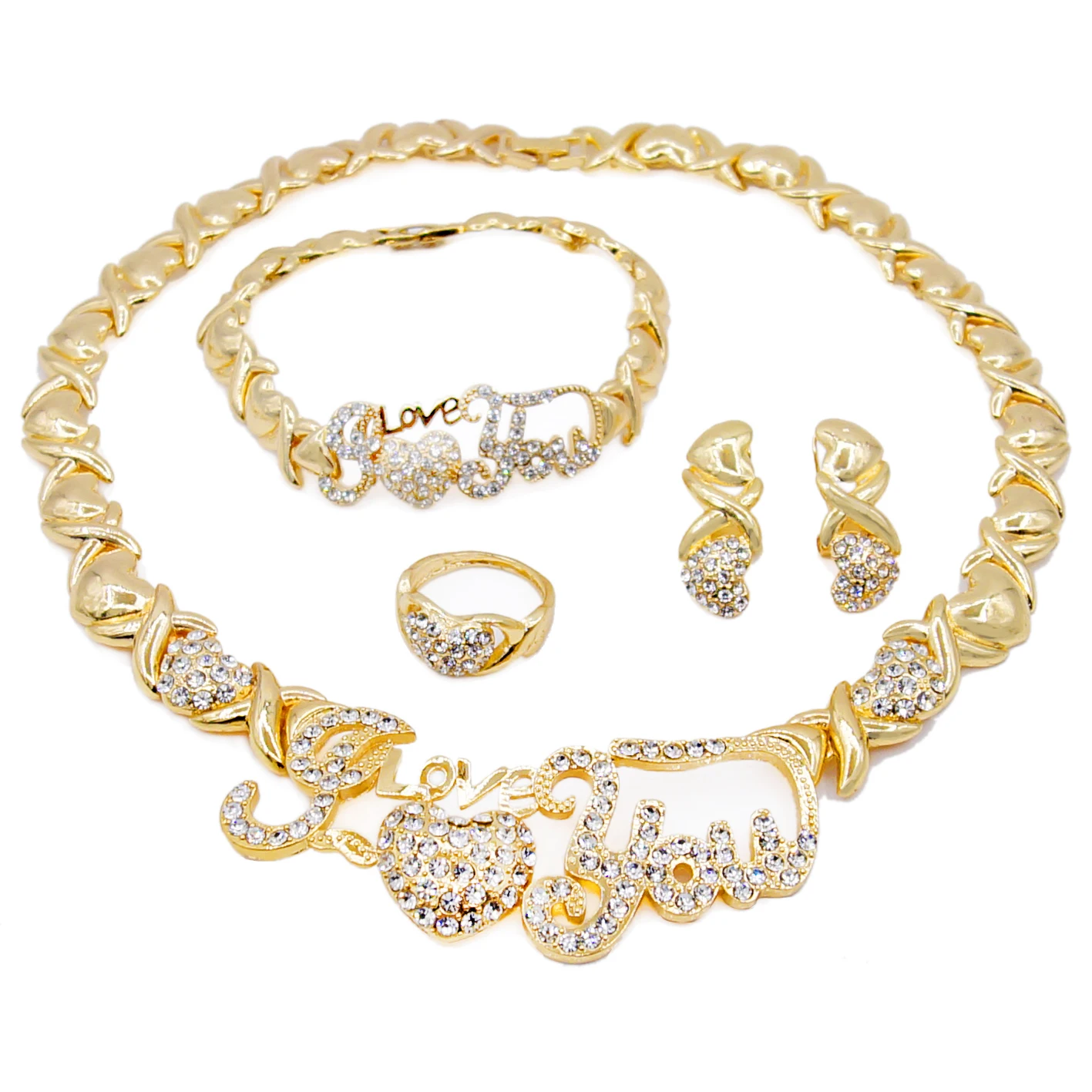 Yalili XOXO Round Ball Diamond Pendant Long Chain Necklace Jewelry Set 18k  Gold Plated Women Jewelry Set