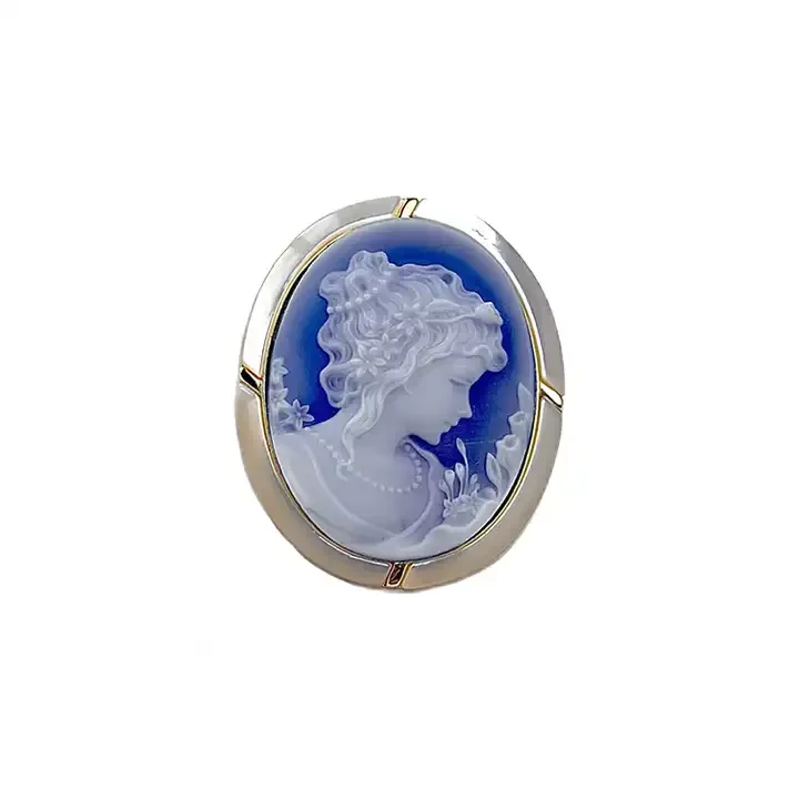 Broche-pendentif Vintage Camée Ovale En Coquillage - Personnage, Laiton Doré, Très Bon état