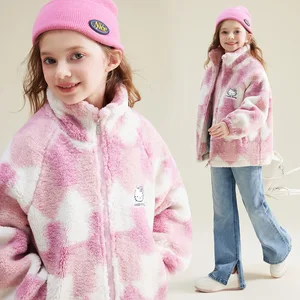 Customizable Pink Tie-Dye Girls Zip-Up Knitwear Warm Cozy Winter Plush Jacket with Long Length Clothes for Kids
