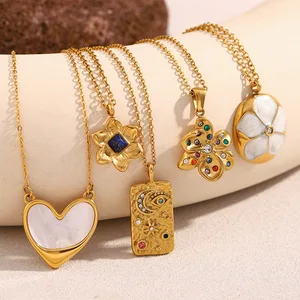 MW Women's Luxury Boho Chic Jewelry 18K Gold Plated Stainless Steel Link Chain with Stone Flower Heart Pendant Wholesale Bulk