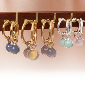 Fashion Trendy Tiger Eye Natural Stone Drop Earring Hoop Pendant Stainless Steel 18K Gold PVD Jewelry Silver Color Jade Earrings