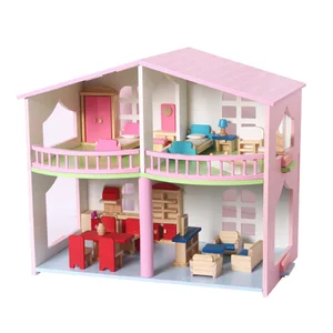 Large Pink Villa Simulation Wooden Miniature Doll House DIY Toy Mini Birthday Gift Model Toy