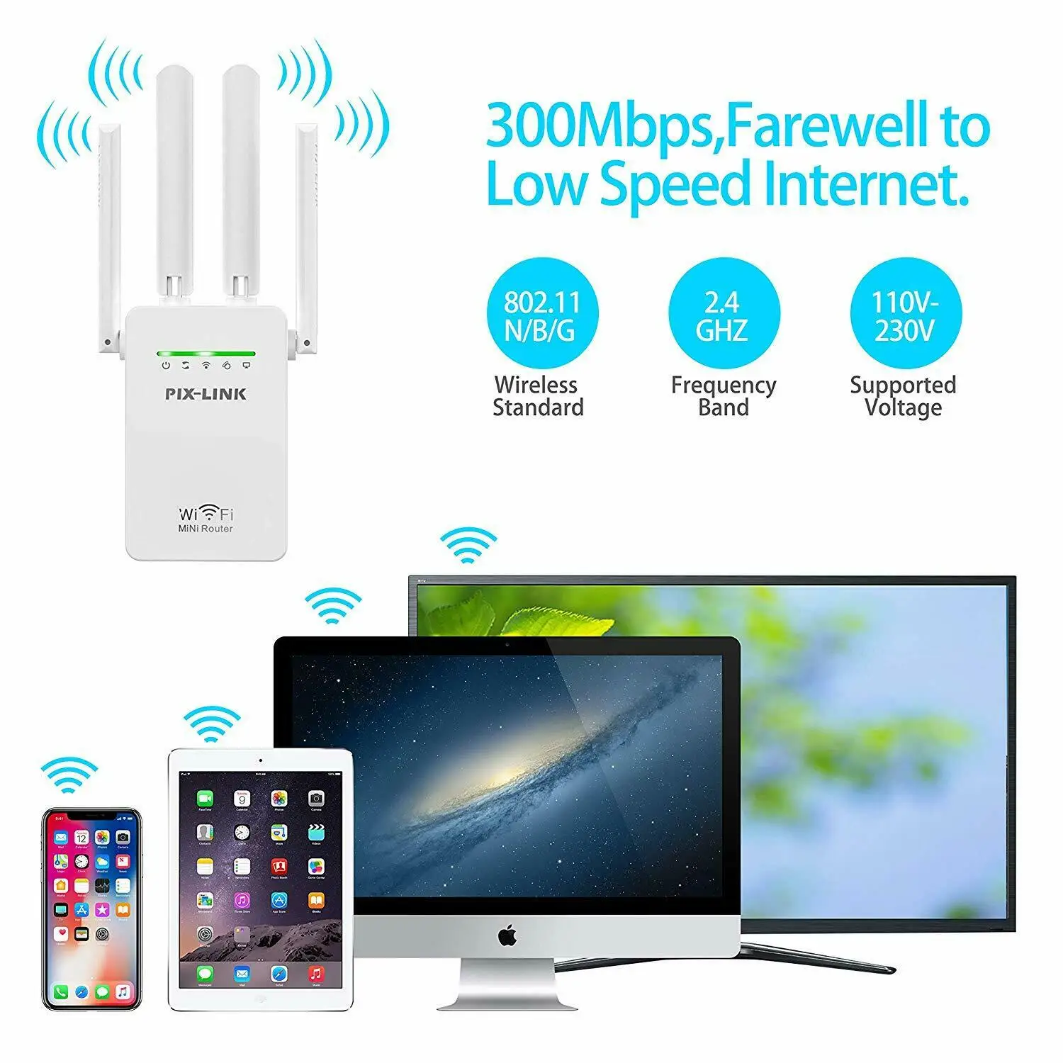 PIXLINK WiFi Repeater Wireless Router 300Mbps 4 Antenna Extender Amplifier Signal Cover Long Range