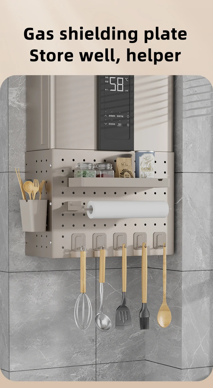 Champagne Gold Kitchen Gas Water Heater Cover Hole Plate Wall Organizer Shelf