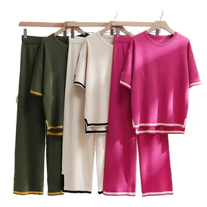 Fashion Casual Summer Knit Solid Color O-Neck Short Sleeve T-Shirt High Waist Slimming Wide Leg Shorts for Women