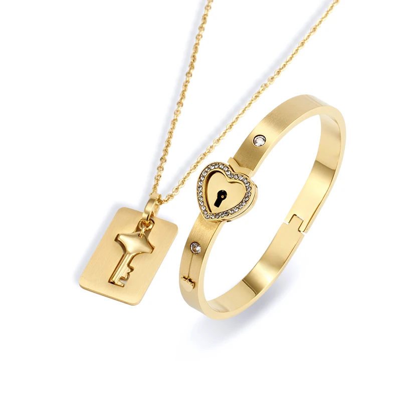 Couple Jewelry Set Gift 18k Gold Plated Stainless Steel Matching Couple