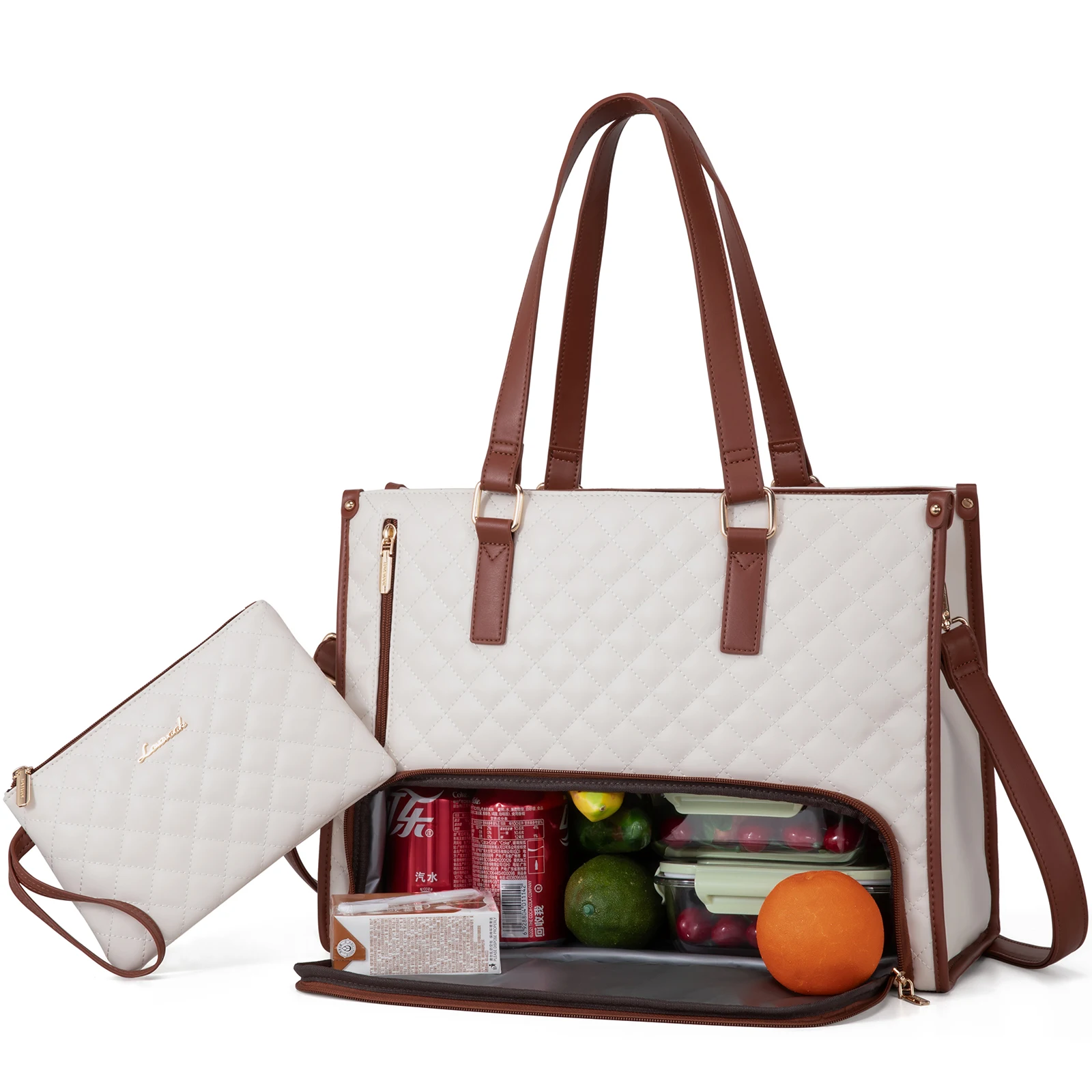 LOVEVOOK Quilted Large Capacity 15.6 Inch Work Business Laptop Bag With Insulated Lunch Compartment Lunch Tote Bag for Women