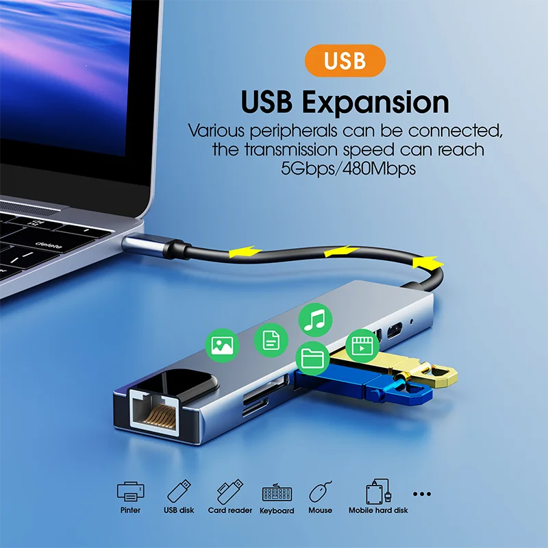 8 в 1 USB-концентратор типа C с Gigabit Ethernet 8-портовый USB-адаптер док-станции для ноутбуков MacBook Pro Air