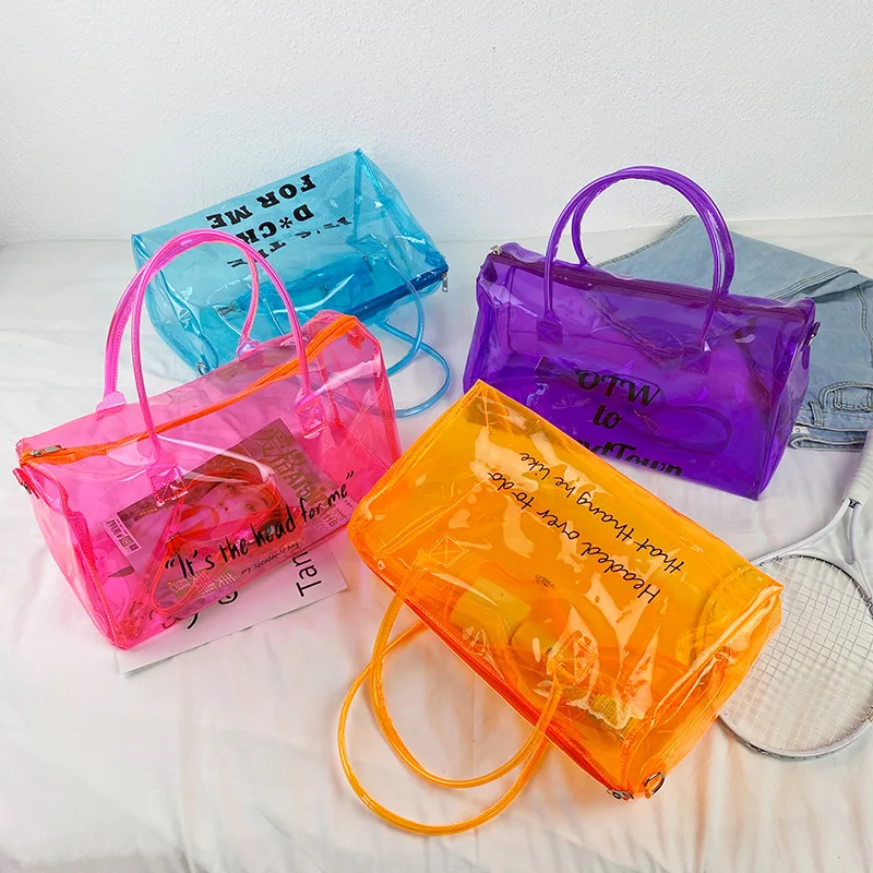 Spend Night Bag Clear PVC Large Bright Candy Color Jelly Tote  Duffel Bag with Durable Metal Zipper for Women Gym, Sports, School, Travel,  Beach Orange