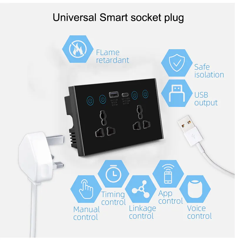 Tuya Wifi Smart Socket With USB Type-C Interfaces 147 Universal Electrical Power Socket 20A Dual Socket