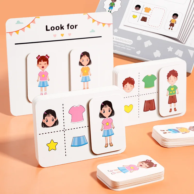 Carte cognitive éducative précoce pour enfants et tout-petits à la recherche de jouets, habillage de personnages, jouet puzzle assorti