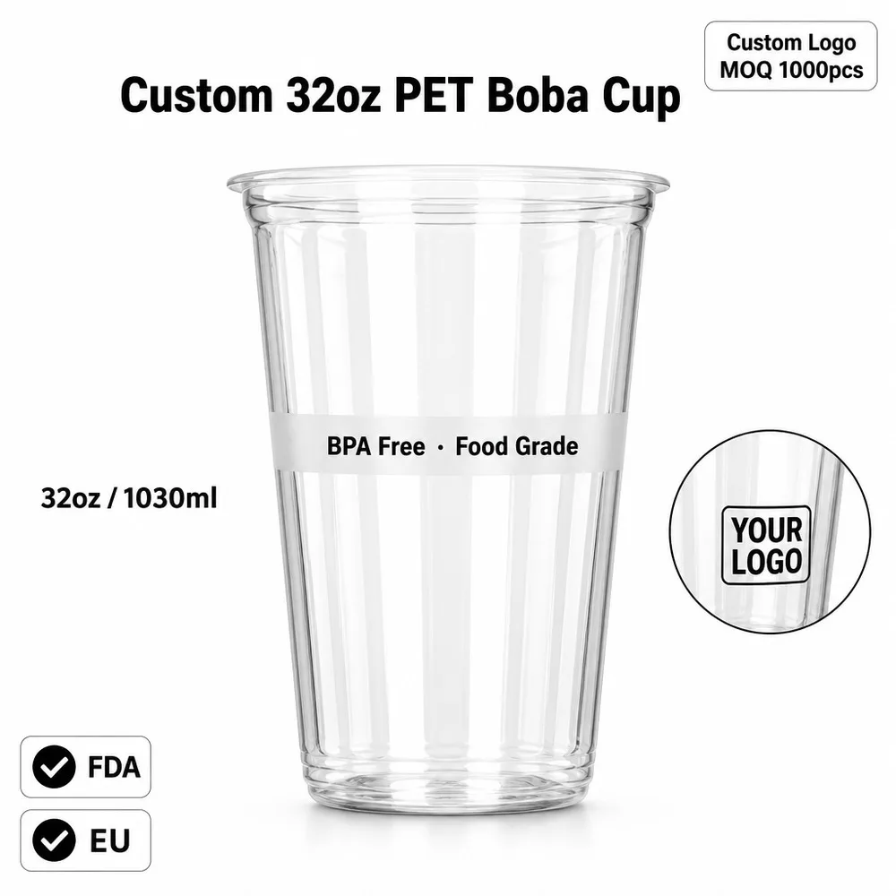 Custom Logo 32oz 1000ml Clear Disposable PET Plastic Boba Cup With Flat Lid Food Grade BPA Free Frui