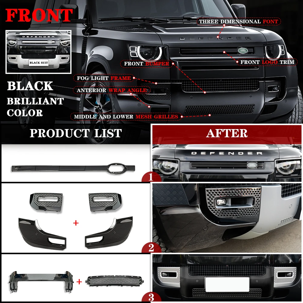 All Glossy Black Car Accessories Body Parts Front Bumper for Land Rover Defender Bodykit
