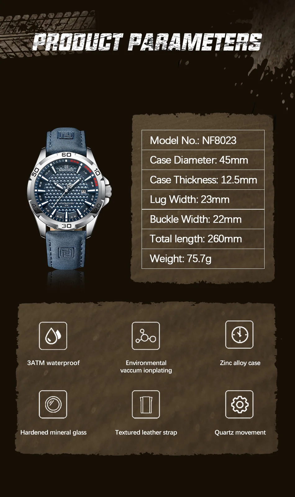 NAVIFORCE 8023 Men Wristwatch Top Brand Luxury Waterproof Watch Blue Genuine Leather Sport Quartz Original Male Clock