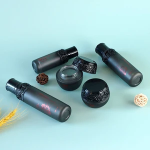 High-End 100ml Glass Pump Bottle Black Carved Lid 40ml Lotion 30ml Dropper Unique Middle Eastern Islamic Design Screen Printing