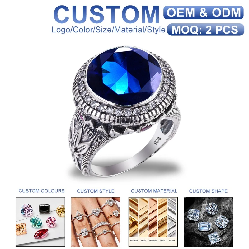 Vintage Turkish Large Blue Topaz Gemstone Exquisite Filigree Ring Wholesale Customization  Silver Rings Men Women