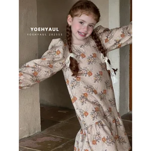 YOEHYAUL 25160 100% Cotton Floral Print Long Dress Kids Puff Sleeves Autumn Long-sleeved Fishtail Patchwork Dress Girls Dress