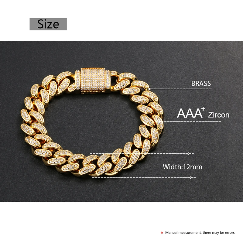 Fashion 12mm Iced Out Cuban Link Bracelet 18K Gold Plated Brass Prong  Setting AAAAA CZ Diamond Hiphop Jewelry for Men