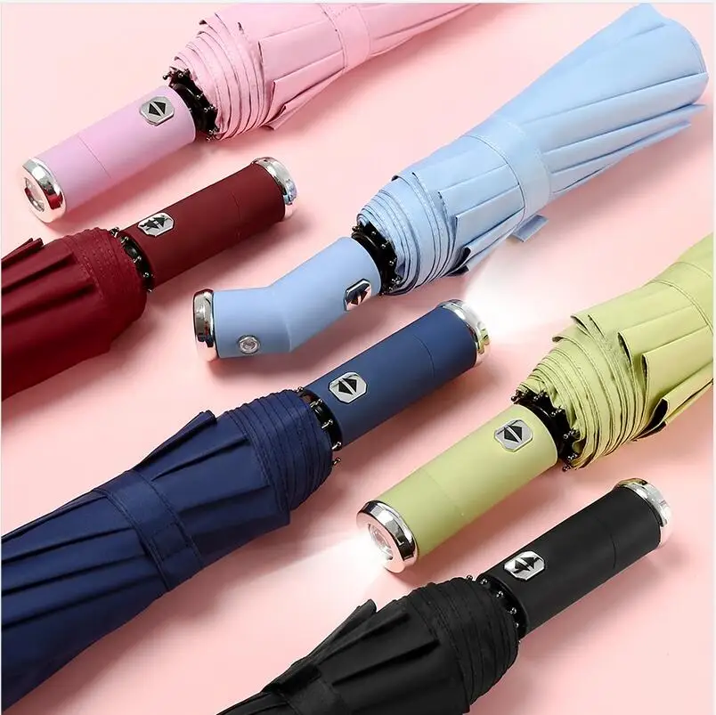 Automatic Open Close Compact Led Umbrella Flashlight 3 Folding Umbrella With Reflective
