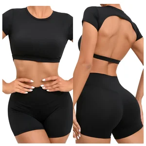 Women's Summer Breathable Eco-Friendly Two-Piece Crop Top Shorts Yoga Set Hollow Back Solid Black Four-Way Stretch for Fitness