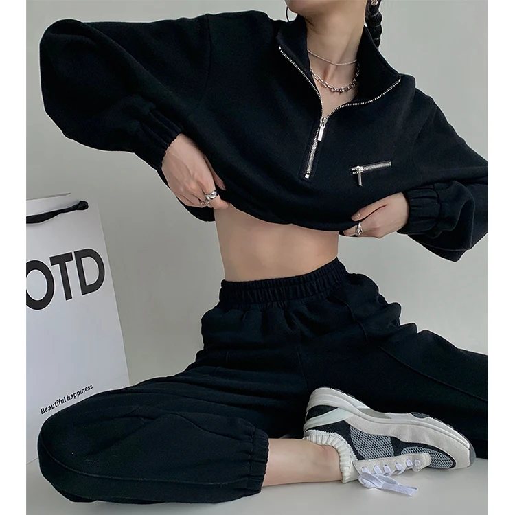 2025 New Style Design Quality Causal Two Piece Pant Set Crop Top Half Zip Pullover Jogger Set
